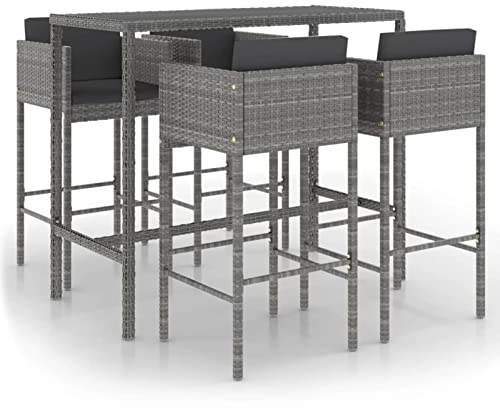 Tidyard 5-TLG. Gartenbar Set Outdoor, Bartisch mit Glas-Tischplatte & Barhocker mit Kissen, Gartenmöbel Poly Rattan Grau