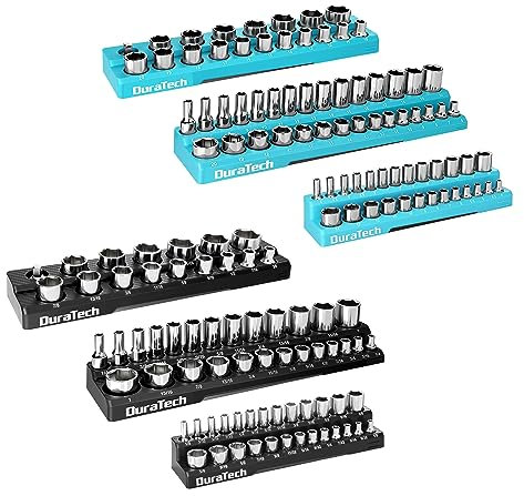 DURATECH Magnetic Socket Organizer Set, 1/2 1/4 3/8 Drive SAE&Metric Socket Holders Socket Trays for Tool Box and Tool Cart, Hold 143 Pieces Standard&Deep Size Sockets, Socket Not Included(6PCS)