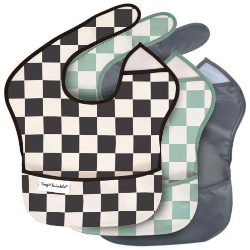Tiny Twinkle Schmutzfeste Baby-Lätzchen zum Essen – Wasserdichte, Abwischbare Kleinkind-Lätzchen – Reisefreundlich – Frei von PFAS, PVC, BPA und Phthalaten – (3 Pack, Kariert Junge)