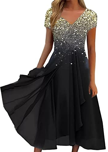 Robe De Cocktail Femme Chic Et Elegant Mi Longue Robe Soiree Paillette Grande Taille Robe De Bal en Dentelle Mousseline Manche Courte Demoiselle Honneur pour Fête Cérémonie Anniversaire Bal Mariage