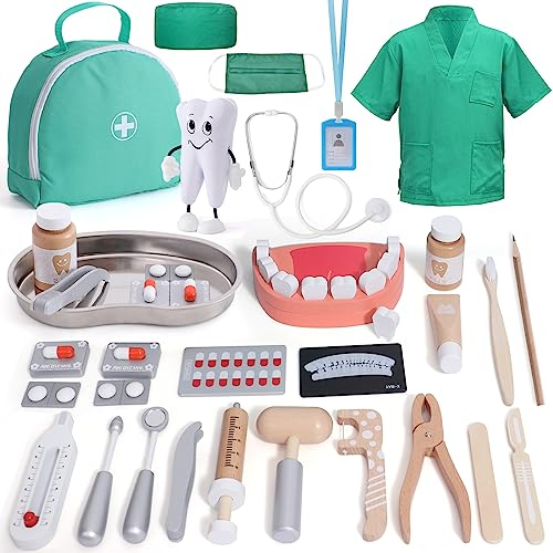 Arztkoffer Kinder Holz Zahnarzt Doktor Spielset mit Echt Stethoskop, Arzt Kostüm, Zahnpuppe, Arzttasche Zahnarztkoffer Dokotorset Rollenspiel Lernspielzeug Geschenk für Kinder Jungen Mädchen