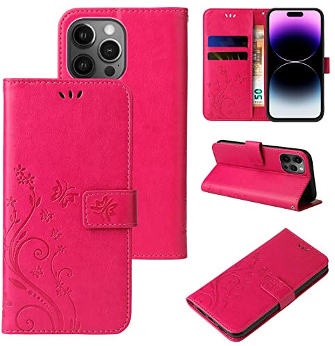LBH Handy Hülle für Apple iPhone 14 Pro Case Handytasche Schmetterling Blumen Flower Standfunktion Schutzhülle Magnet Rundum Schutz 360 Grad Flipcase Cover Pink