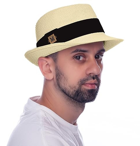 HEYANN Chapeau de paille Fedora pour femme - Chapeau panama - Chapeau de paille Trilby Fedora pour homme, femme et enfant - Chapeau panama avec ruban en tissu - Chapeau d'été