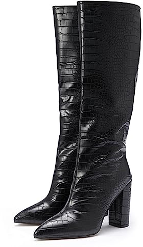 Omeslike Stivali Alti al Ginocchio Western da Donna, Punta A Punta Tacco Medio Grosso 8 Cm Stivali da Cowboy per Donna, Stivali Lunghi da Ragazza Sexy,Nero,40