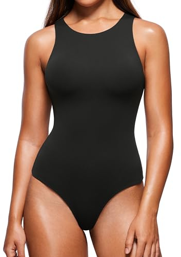 CRZ YOGA Butterluxe Damen Ärmellos Bodysuit Figurenformend Racerback Hoher Hals Shapewear One Piece Body Shaper Schwarz 40