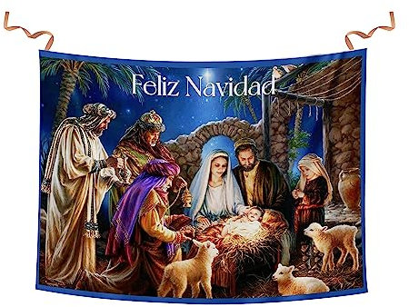 Balconera Navidad El niño Dios ha nacido. Decoración navideña colgadura religiosa del niño Jesús. Colgadura Navidad de tela. (100x70 cm.)