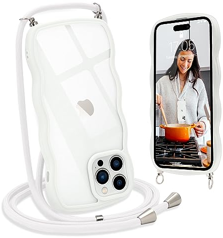 L-FADNUT Handykette für iPhone 14 Pro Max Hülle mit Band, Silikon Wellen Rahmenform Handyhülle mit Kordel zum Umhängen, Transparent Schutzhülle Case für iPhone 14 Pro Max, Weiß