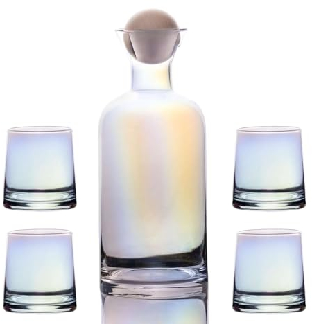 Intirilife Carafe avec 4 verres Ensemble en verre avec Reflets Arc-en-ciel - Carafe 1.1 litre - Verres 200 ml - Ensemble cadeau, pichet avec couvercle à bille, pour boissons chaudes et froides