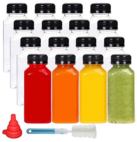 YBCPACK Lot de 16 bouteilles de jus de 250 ml en plastique à remplir, réutilisables, vides, avec brosse de nettoyage et entonnoir en silicone, idéales pour les mini réfrigérateurs et les jus de fruits