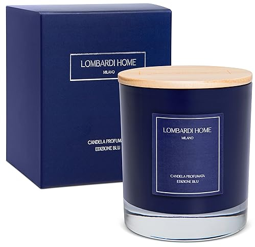 Lombardi Home - Vela Aromática de White Tea en Vaso de Cristal Azul Navy con Tapa de Madera Grabada, Vela Perfumada Vegana y Ecológica con Cera de Soja, Regalo Vela Decorativa Grande