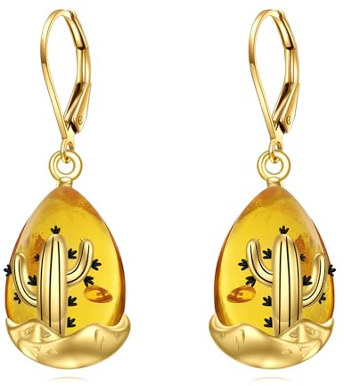 TIGER RIDER Ohrringe mit Kaktus-Bernstein, 925er-Sterlingsilber, französischer Verschluss, baumelnde Ohrringe, Schmuck, Geschenk für Frauen