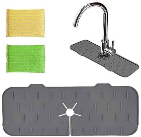 AYNKH Alfombrilla De Silicona Para Grifo con Mango de Grifo para Desagüe,Tapete Silicona Fregadero, Tapete Absorbente Para Fregadero, Protector Fregadero Cocina,Blanco (con 2 Pcs Esponjas de limpieza)