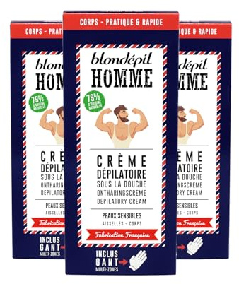 Blondépil Homme - Creme depilatoire homme sous la douche, Pour le corps, Rapide et Efficace, adaptée aux peaux sensibles, Made in France, Inclus accessoire exfoliant 200ml, lot de 3