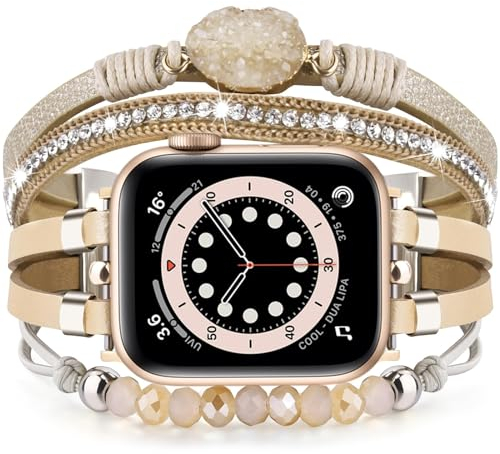VISOOM Beaded Boho Kompatibel mit Apple Watch Armband 40mm/38mm/41mm/42mm Series 10/9/8/7/SE 6/5/4 Frauen Leder Mode Niedlich Multilayer Wrap Watch Strap iWatch Bands 3/2/1 Replacement,Kahki-rosa