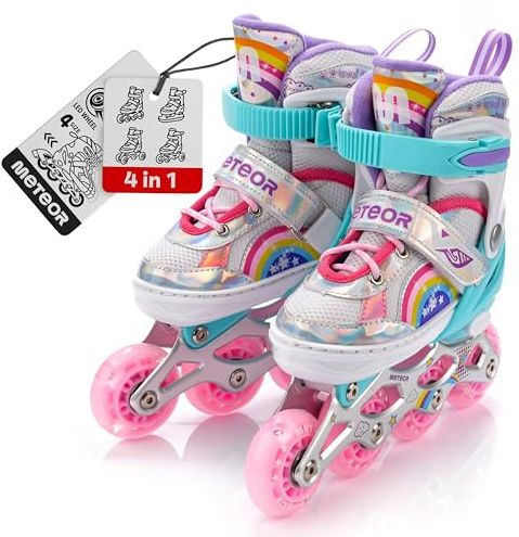 meteor verstellbare 4‑in‑1 Kinder Inline-Skates – Rollschuhe Inliner Schlittschuhe – ABEC‑7 PU‑Räder Aluminiumrahmen – Größen XS 25‑28 S 30‑33 M 34‑37