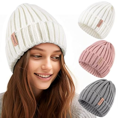 SENPUKI Mütze Damen Winter 3 Stück, Beanie Mütze Damen Warme Gestrickte Modische Mützen, Damen Mütze Winter für Kaltes(Hellgrau+Rosa+Weiß)