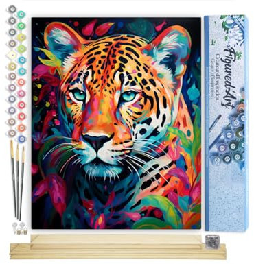 Figured'Art Peinture par Numéro Adulte avec Cadre Léopard Coloré Abstrait - Activité Manuelle Kit de Loisir Créatif DIY Numéro d'Art Complet Animaux - 40x50cm avec châssis en bois à monter
