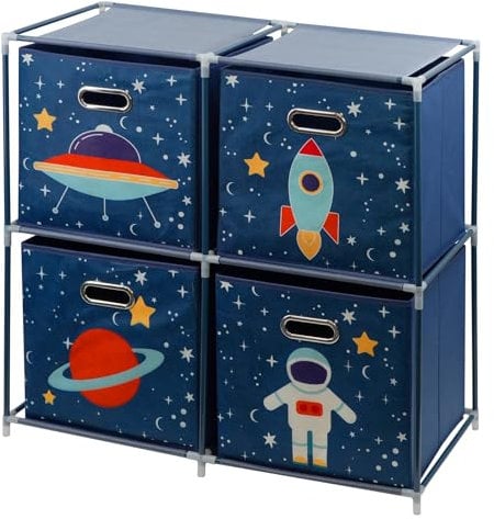 The Magic Toy Shop Kids Space Design Storage Cubes Set of 4 Foldable Toy Chest Box Organizer with Handles and Interlocking Rack for Kids Room Playroom