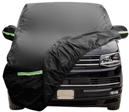 QENETY Housse de voiture 300D imperméable pour VW T5 T6, grande housse de voiture toutes saisons, coupe-vent, anti-UV, protection contre les UV, fermeture éclair pour porte latérale (L490)