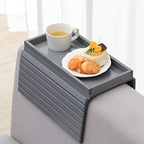 GEHE Sofa Tray Bamboo Sofa Arm Table Couch Tray Wooden Sofa Armrest Side Table, Armchair Table for Snacks, Phone, Control, Cups, Flexible & Foldable, Grey