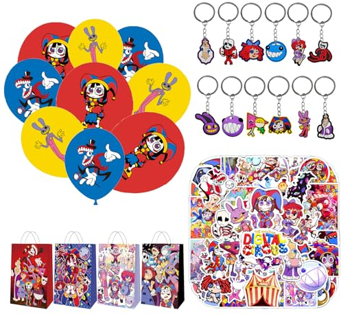 Clvsyh 92 Stück Digitaler Zirkus Partygeschenke, Zirkus Geschenktüten, Clown Schlüsselanhänger, Cartoon Aufkleber, Zirkus Luftballons, Digitaler Zirkus Party Mitgebsel Set für Jungen und Mädchen