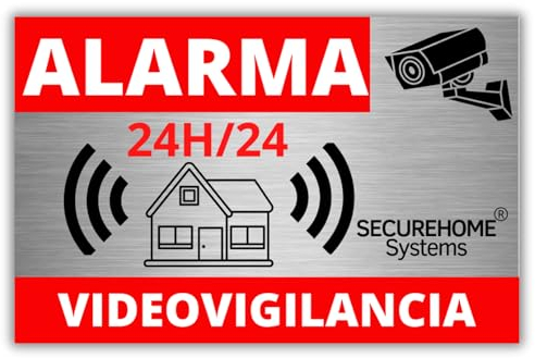 SecureHome Systems - Juego de 8 pegatinas disuasorias de robo fondo aluminio - Alarma + videovigilancia 24 horas - Resistencia a la lluvia y a los rayos UV - 8,5 x 5,5 cm
