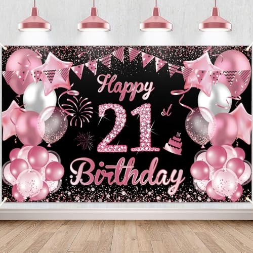 21.Geburtstag Banner Rosérot Schwarz, Waylipun 21 Geburtstag Party Hintergrund Deko, Großes Stoff 21 Jahr Geburtstagsdeko Poster für 21. Mädchen Tisch Wand Dekoration Zubehör, 180 x 110 cm