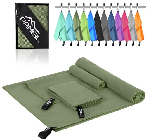Pameil Mikrofaser Handtuch 3er Set (160x80cm Groß Badetuch +2 Stück 80x40cm Klein Handtuch), Reisehandtuch Schnelltrocknend Microfaser Handtücher für Fitness Sauna (Armeegrün)