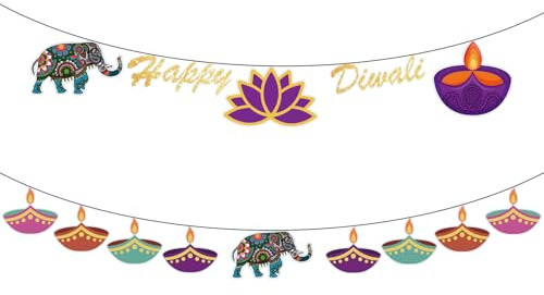 2 Stück Happy Diwali Banner zum Aufhängen, Diwali-Dekorationen für Haus, indisches Festival der Lichter, Partyzubehör, Diwali Diyas Elefanten, Lotus-Wimpelkette für Deepawali-Party, Innen- und