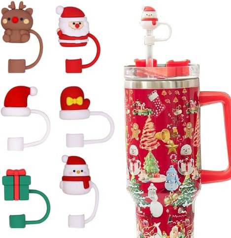 Mezrkuwr 6 Pcs Couvercle De Paille pour Stanley Gobelets, Bonhomme De Neige, Elan, 10mm, Silicone, Couvercle De Paille, Réutilisable, Cadeaux De Noël