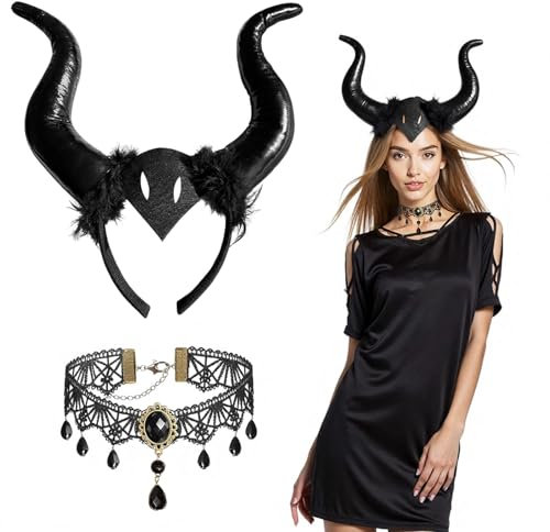 Wolkstello 2 Pcs Königin Hörner Kopfschmuck,Halloween Teufelshörner haarreif,Schwarz hörner Haarreif mit Gothic Spitze Halskette,Devil horns Zubehör für Halloween,Karneval, Cosplay, Maskerade Party