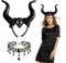 Wolkstello 2 Pcs Königin Hörner Kopfschmuck,Teufelshörner haarreif,Schwarz hörner Haarreif mit Gothic Spitze Halskette,Devil horns Zubehör für Karneval, Cosplay, Maskerade, Halloween, Party