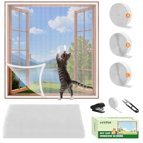 Pantalla Ajustable para Ventana de Gato, Tamaño DIY, Máximo 130cmx150cm, Mosquitera Ajustable para Ventana con cinta autoadhesiva, Malla Ajustable para ventana, con Regla/Cuchilla/Grapadora,blanco