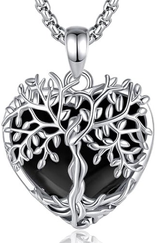 AEONSLOVE Ciondolo Albero della Vita Donna Collana Albero della Vita Cuore Collana Ossidiana Nera Ciondolo Ossidiana Cristallo Pietre e Cristalli Naturali Gioielli Pietra Naturale Cristalloterapia