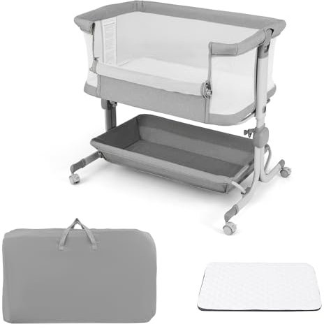 DREAMADE Beistellbett Baby, 6-stufig Höhenverstellbar Babybett mit weicher Matratze & Rollen & Tragetasche, 87 x 63cm Reisebett Tragbar für Zuhause & Unterwegs, 0-6 Monate bis 9 kg (Hellgrau)