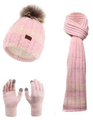 NATUST Mütze Schal Handschuhe Set Damen Winter Dickes Strickset Weiche Warme Gestrickt Langer Schal Touchscreen Handschuhe Rosa