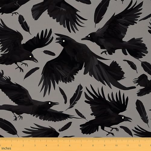 Loussiesd Kinder Rabe Stoff Meterware 92x150cm Schwarz Federn Vogel Drucken Dekorative Patchwork Stoffe Gothic Kunst Wasserdichter Stoff für Stühle Outdoor