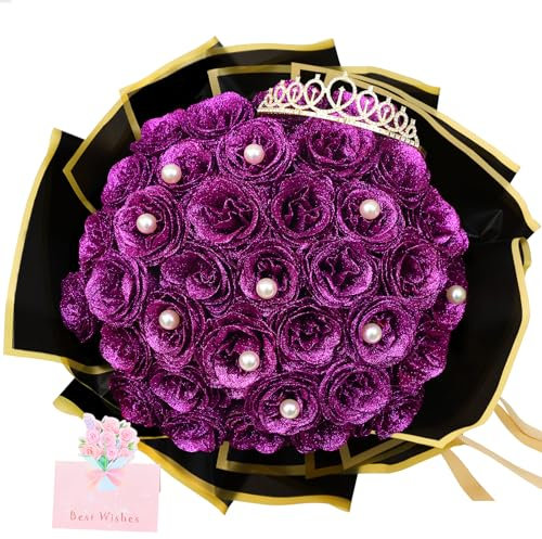SEMONONIA Künstlicher Glitzer-Rosenstrauß, lila, 36 Stück, DIY gefälschte glänzende Blumen, Blumenstrauß, ewige Blumen, für Abschlussfeier, Hochzeit, Blumenstrauß, Jahrestag, Geburtstag, Valentinstag,
