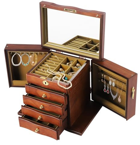 Holz Schmuckkästchen Schmuckkasten Schmuckschatulle mit Seitlichen Klapptüren, Spiegel, 4 Schubladen, Schmuckaufbewahrung Schmuckschatulle für Halsketten, Ohrring, Ketten, Uhren
