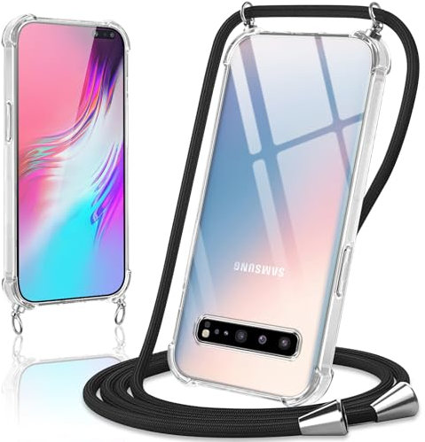 Coiwxmoi Handyband Handyhülle für Samsung Galaxy S10 5G Hülle mit Band 6,7,Transparent Case mit Kette Abnehmbar zum Umhängen Kordel Schutzhülle,Weich Silikon TPU Stoßfest Cover,Schwarz