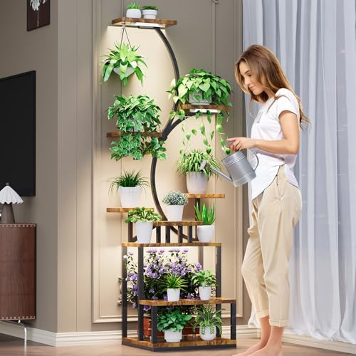 Bvewg 70 Tall Metal Plant Stand Indoor with Grow Lights, 9 Tiered Large Plant Shelf Display Rack Holder, Multi-Purpose Plant Stands S-Shaped for Home, Living Room, Patio
