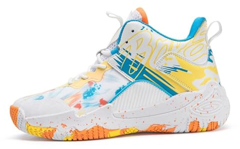 Basketball Shoes Men high top Trainers Men Sneakers for Women Comfortable Breathable Fashion Running Fashion Training Shoes Non-Slip Walking Upper (White-Orange-Yellow,3.5)
