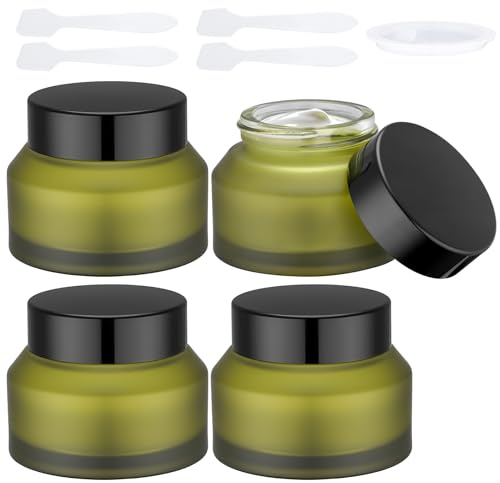 Segbeauty 1.7oz Green Frosted Glass Jar with Lid, Empty Cosmetic Containers Sample Jars Small, Refillable Travel Bottles for Toiletries 4pcs 50ml, Empty Matte Travel Containers with Spatulas