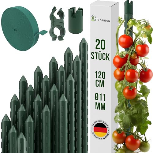 TTL GARDEN Rankstäbe 20er Set 120cm x 11mm Ø grün - Rankhilfe Pflanzstäbe + Klettband + Clips - Stahl rostfrei Kunststoff beschichtet Rankhilfe Blumenstütze Pflanzenstütze -Tomaten Gurken & Blumen