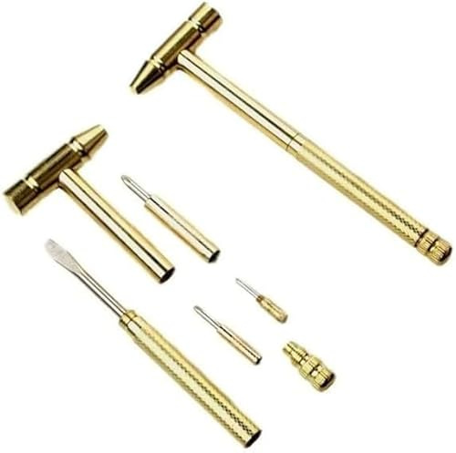 Goldener Mini Messing Hammer mit Schraubendreher - 6-in-1 Multifunktions-Juwelierhammer für die Reparatur von Handys, Laptops, Uhren, Brillen - Leichte und kompakte Handwerkzeuge