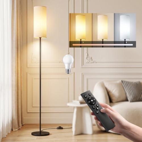 Floor Lamp for Living Room, 12W Modern Standing Lamp with Beige Linen Lampshade, Magnetic Remote Control and Foot Switch, Stepless Dimmable Brightness, 3 Colour Temperatures, 171cm