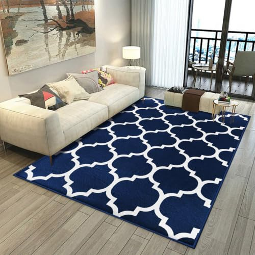 Aspire Homeware Rugs Living room 120 x 170 Navy White Bedroom Rug(Ava Navy) | Anti Slip Trellis Style Soft Easy to Clean Carpets for Office – Non-Shedding Low Profile Durable Large Area Rugs for Lounge