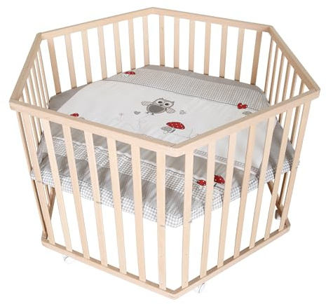 roba Laufgitter 'Adam & Eule' - Laufstall 6-eckig/hexagonal - Sicheres Spielgitter inkl. Schutzeinlage - Mobil dank Rollen - Holz natur