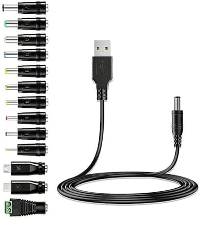 QEAS Cable de Alimentación USB a DC 5V, 13 en 1 Cable Alimentacion Universal, cable de Carga USB A a DC 5,5 x 2,1mm con 13 Conectores, para Router, Afeitadora, Lámpara LED, 1M