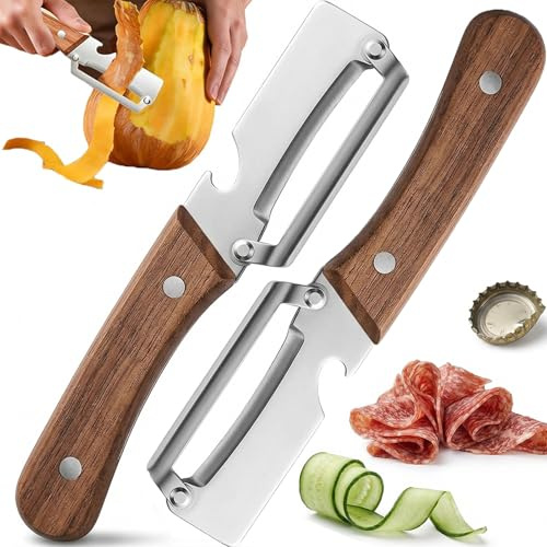 3-in-1 Multifunktionaler Gemüseschäler für die Küche - Zero Snag Holzschäler aus Edelstahl, Sparschäler mit Holzgriff & integriertem Flaschenöffner für Obst, Gemüse & Fleischscheiben (1)